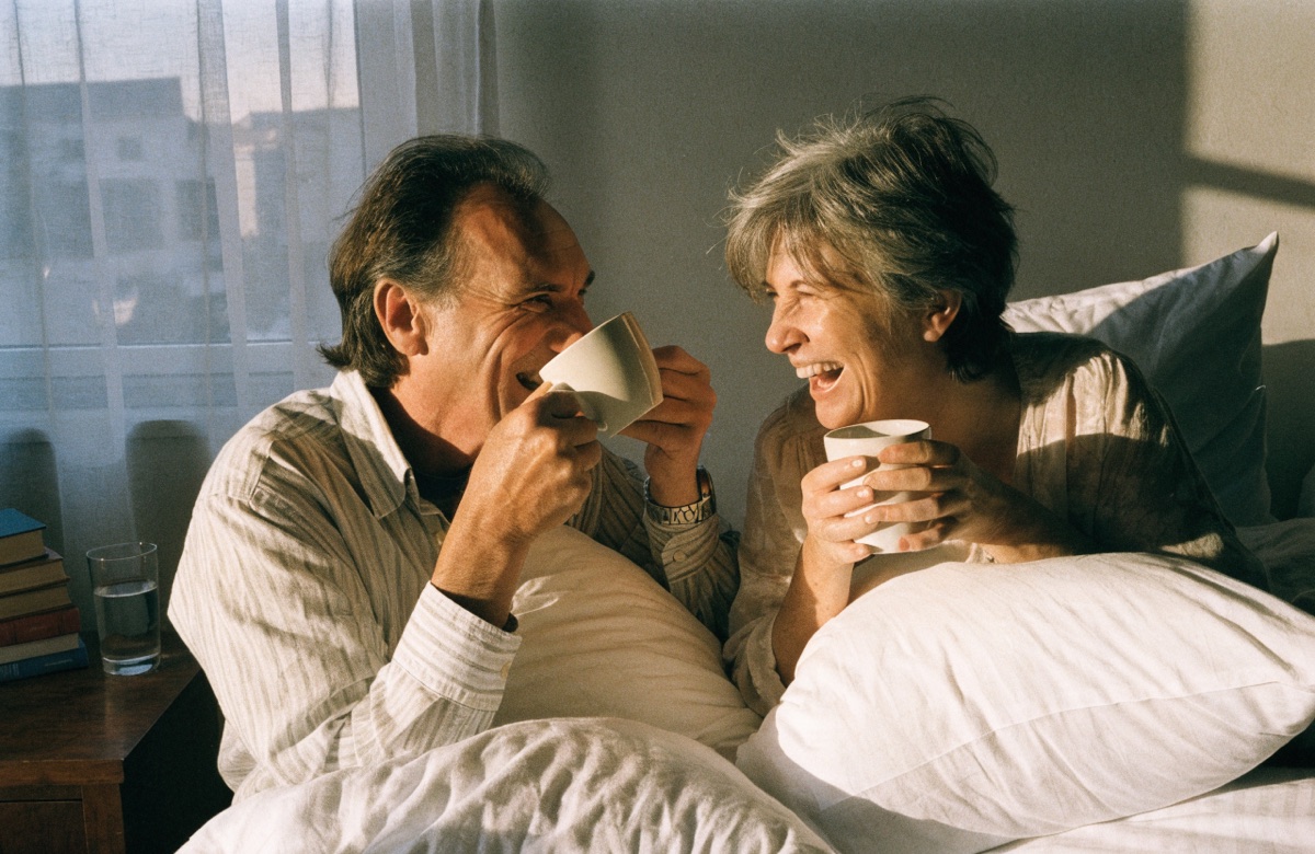 The same couple sitting up in bed in the morning, rested