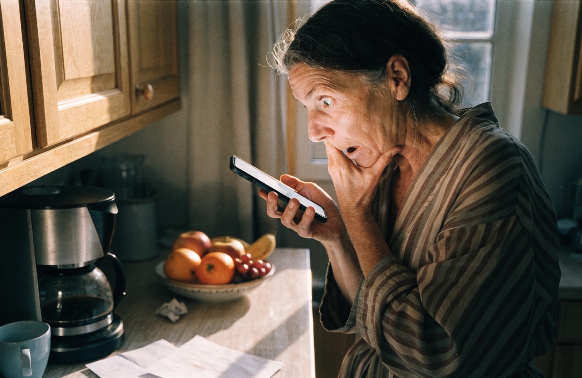 A woman reading her phone at the kitchen counter in the morning