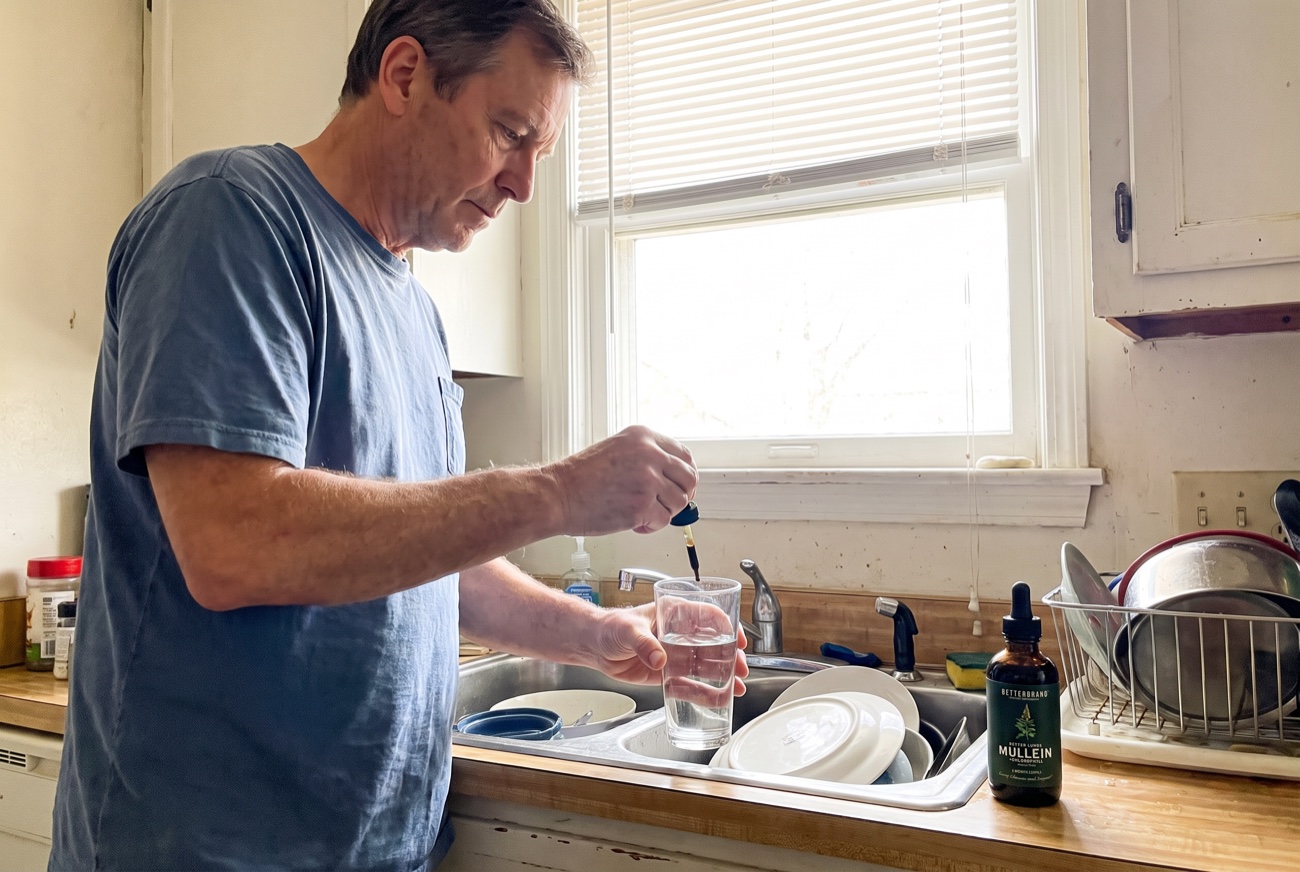 Dale putting two droppers into a glass of water at the kitchen sink