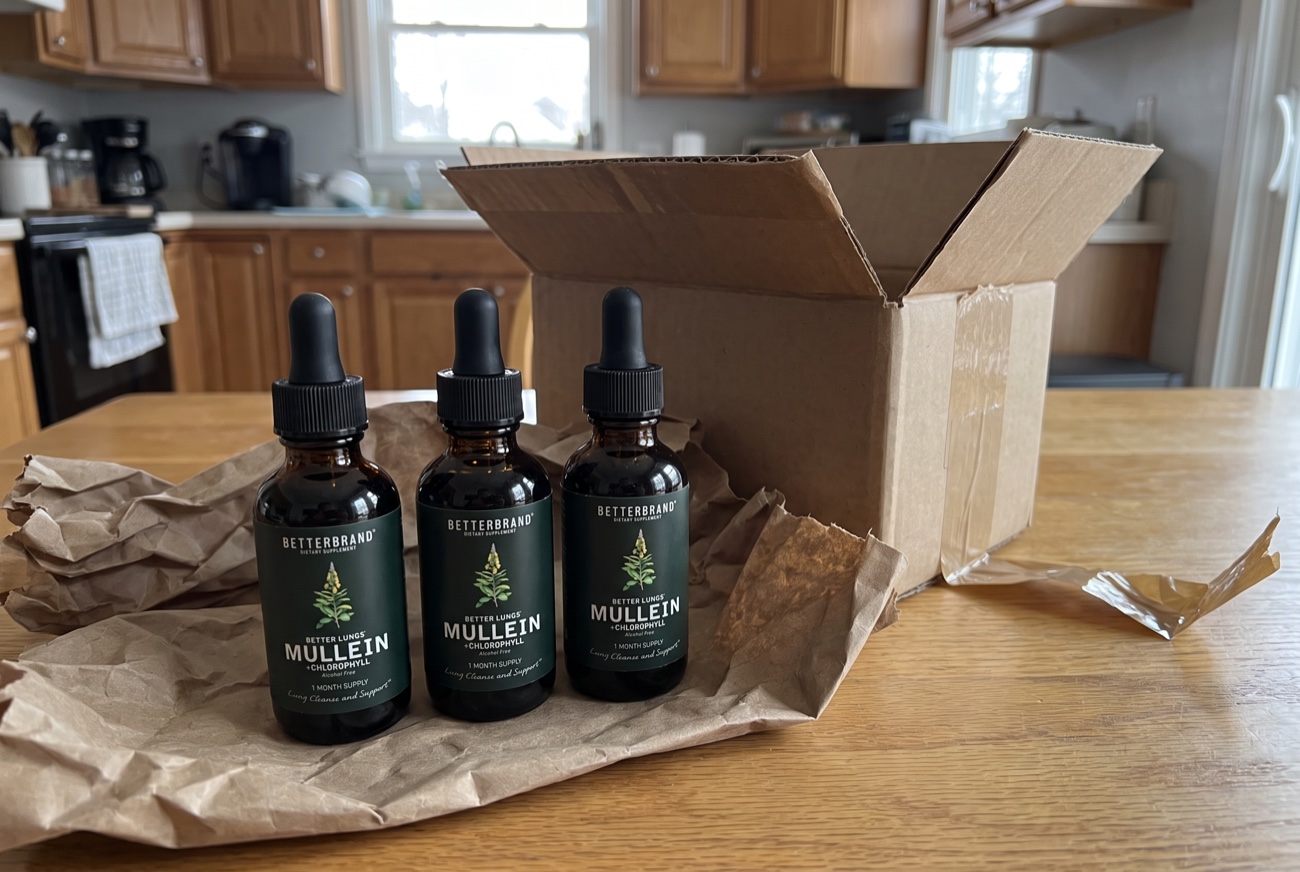 Three bottles of BetterLungs unpacked from the shipping box